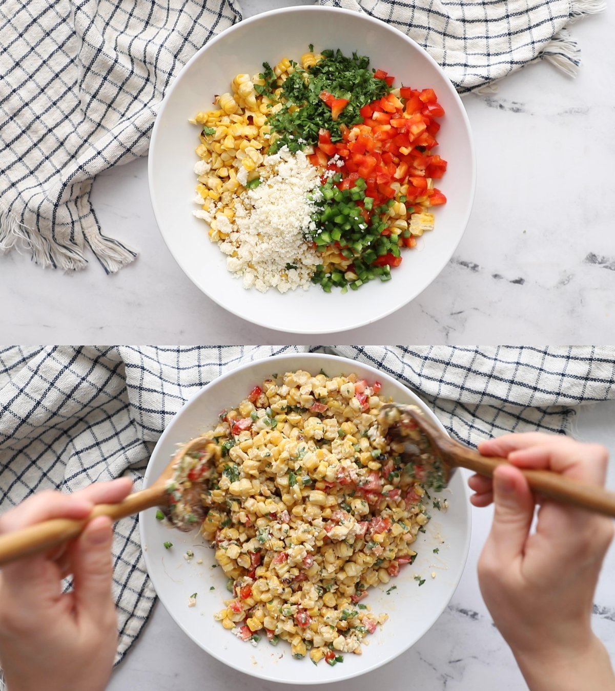 side by side images: top image is bowl full of ingredients for mexican street corn salad and bottom image is the ingredients being mixed together with 2 spoons