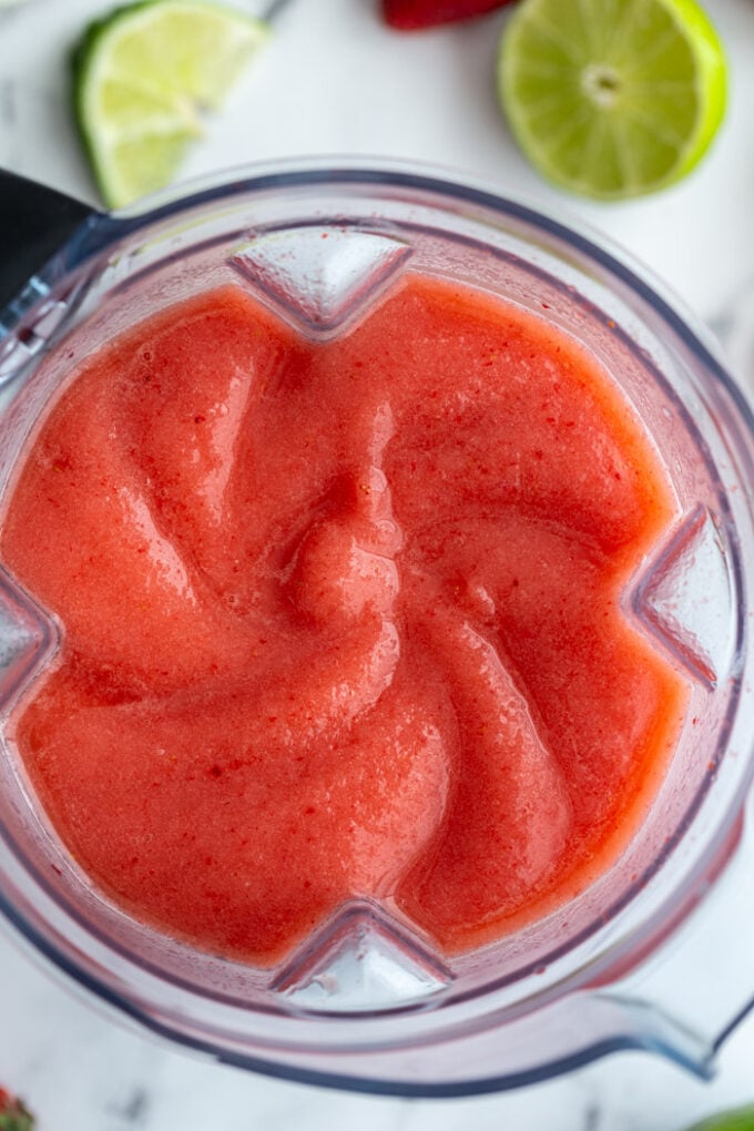 frozen strawberry drink in a blender