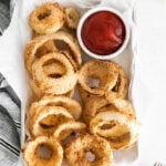 air fryer onion rings served with ketchup
