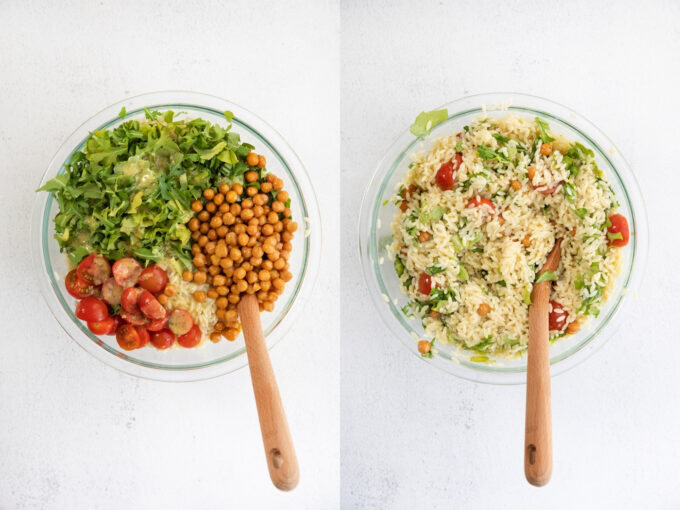 mixing ingredients together for orzo pasta salad