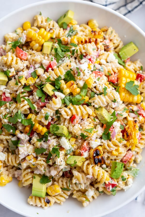 big bowl of street corn pasta salad made with rotini and lots of fresh veggies