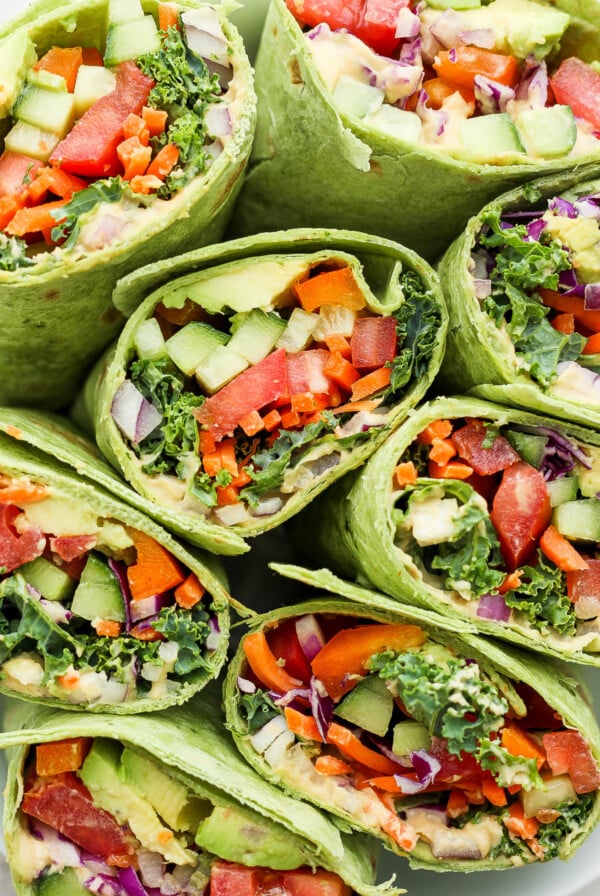 veggie wraps filled with hummus and rainbow veggies