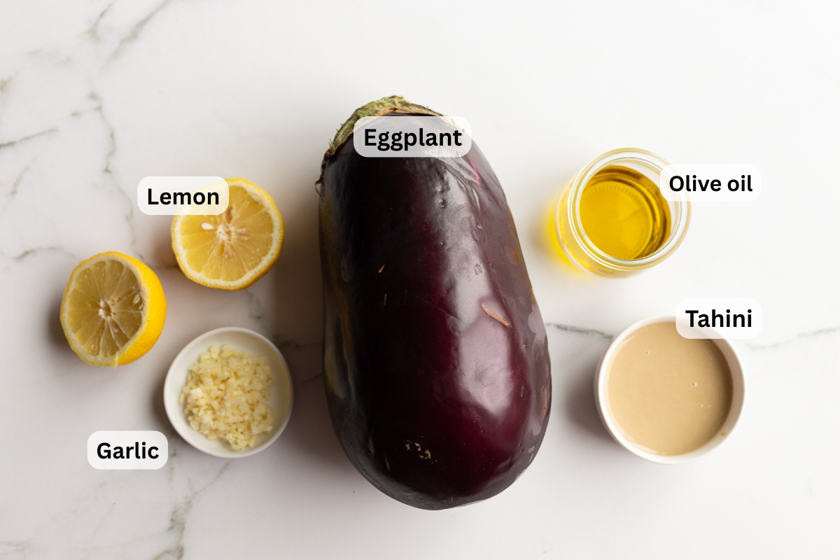 labeled baba ganoush ingredients on a marble counter including eggplant, lemon, garlic, olive oil and tahini