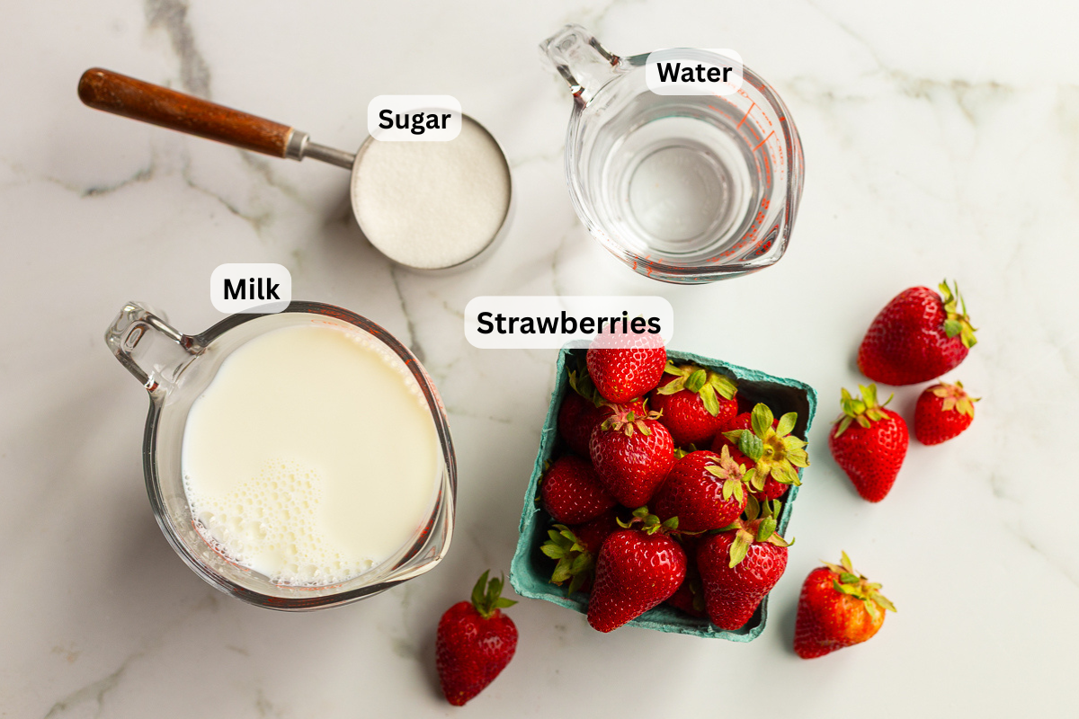 labeled ingredients for strawberry milk including fresh strawberries, milk, sugar, and water