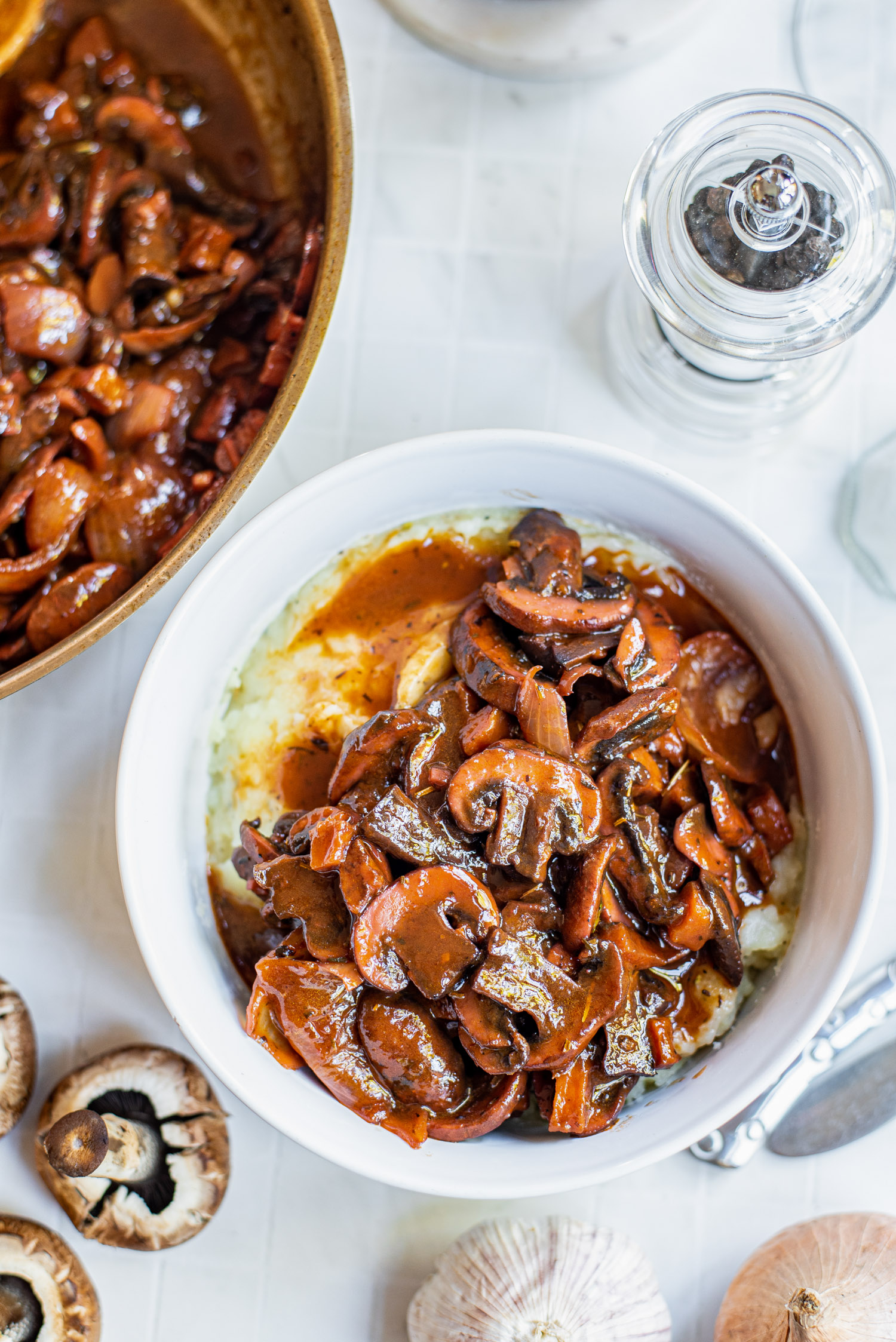 Mushrooms Bourguignon served in a white bowl
