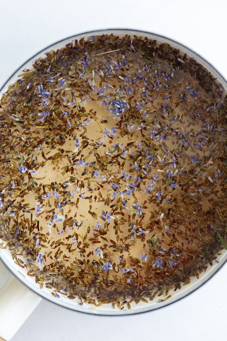 lavender in a pot cooking to make a simple syrup