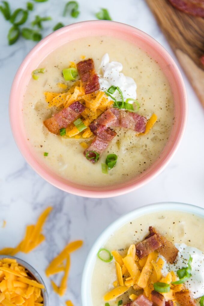 potato soup topped with bacon and cheese