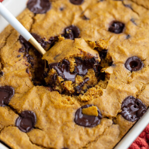 pumpkin baked oatmeal with chocolate chunks. A spoonful coming out of the middle of the dish