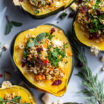 vegetarian stuffed acorn squash toped with cranberries