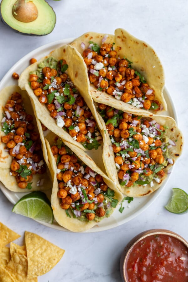 chickpea tacos served with lime wedge