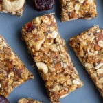 chewy granola bars on a blue plate