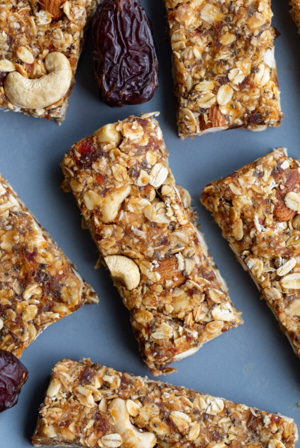 chewy granola bars on a blue plate