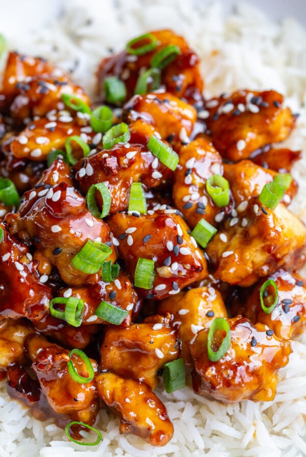 sesame tofu on a bed of white rice