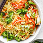 vegetable chow mein in a large bowl