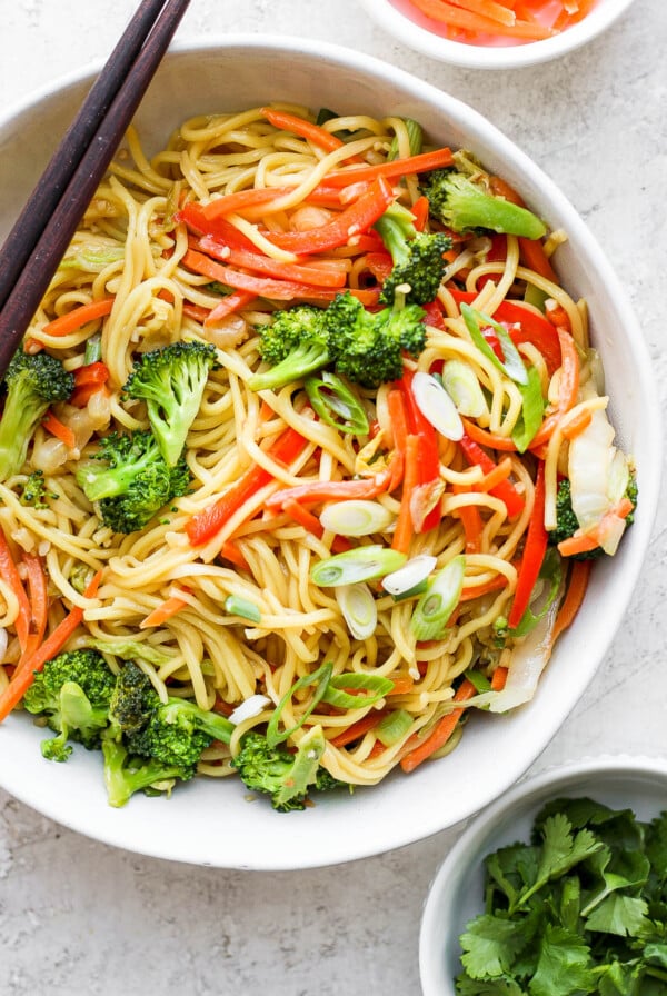 vegetable chow mein in a large bowl