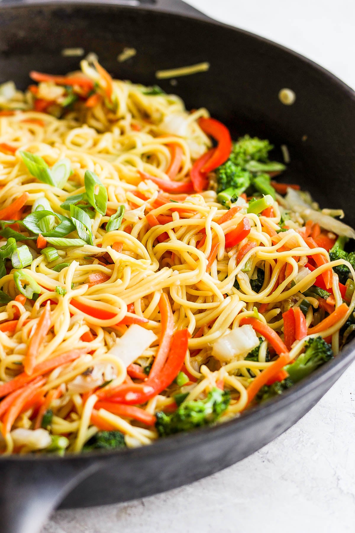 vegetable chow mein in a skillet