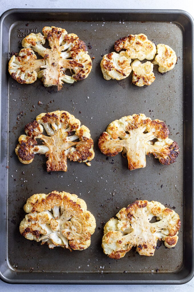 Baking pan with roasted cauliflower.