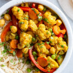 Cauliflower curry served over rice.