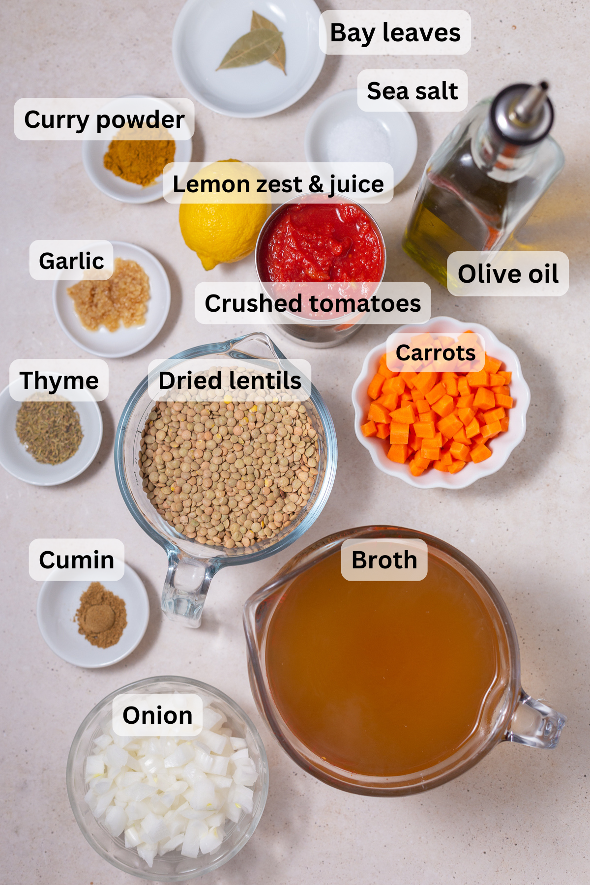 ingredients laid out that are needed to make vegan lentil soup