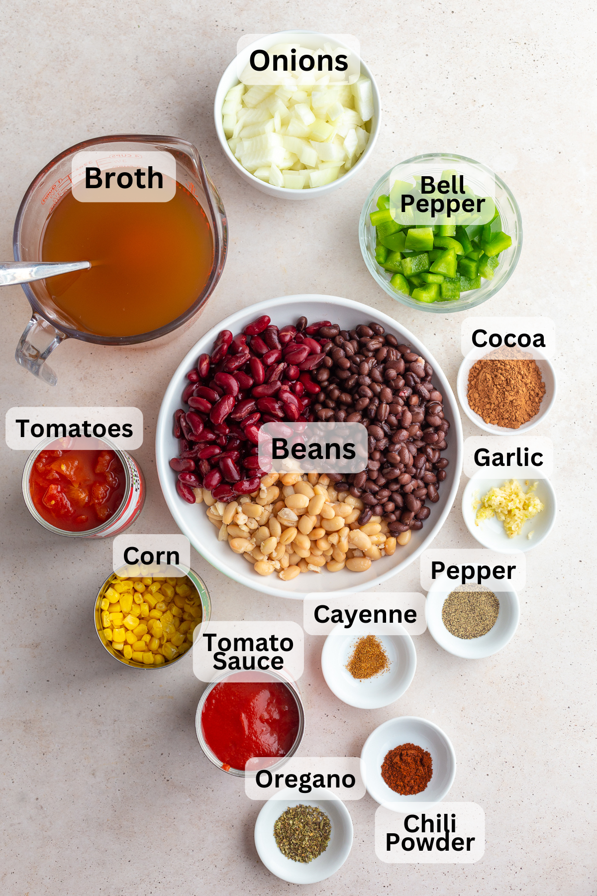 ingredients needed for vegetarian chili including beans, tomatoes, corn, onions, pepper, broth etc.