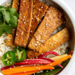 Lemongrass tofu served over rice.