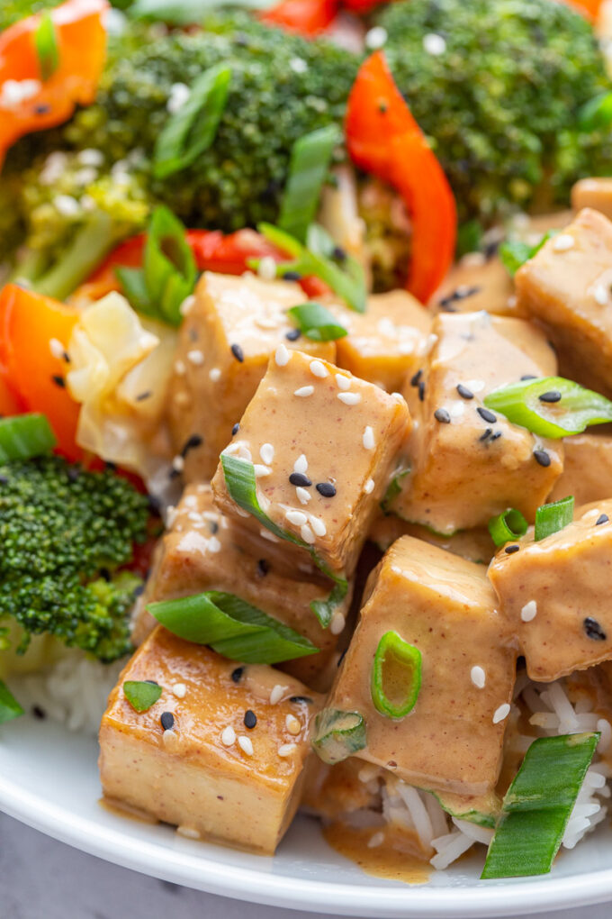 Tofu topped with a peanut sauce and green onions.