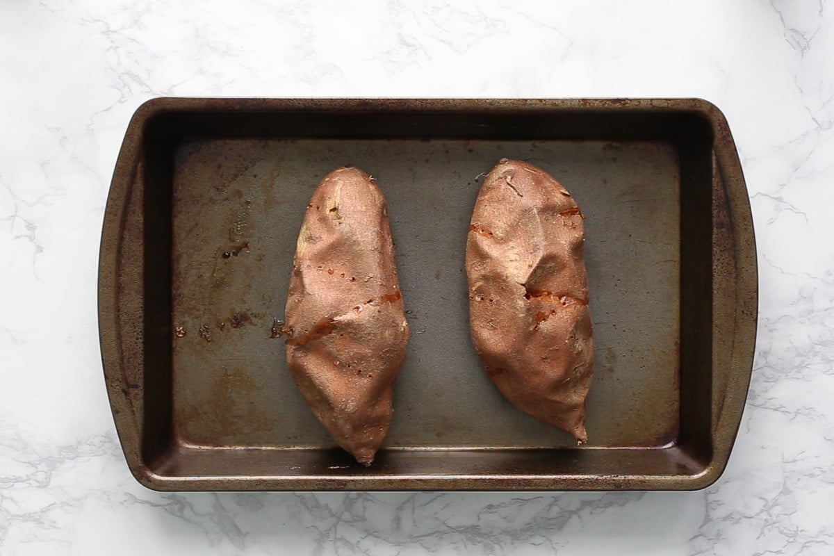 roasted sweet potatoes on a baking tray