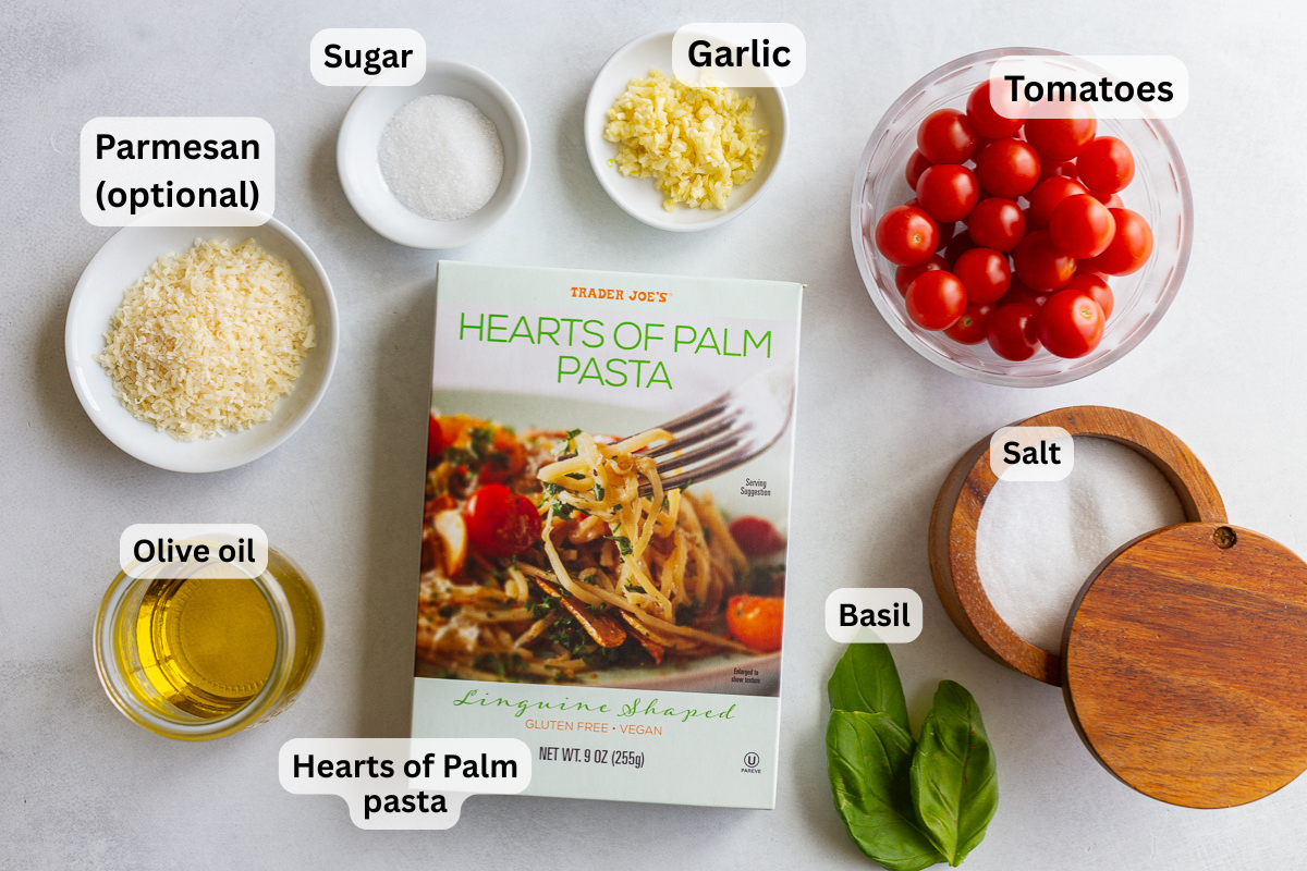 ingredients needed to make hearts of palm pasta recipe including hearts of palm pasta, tomatoes, salt, garlic, etc