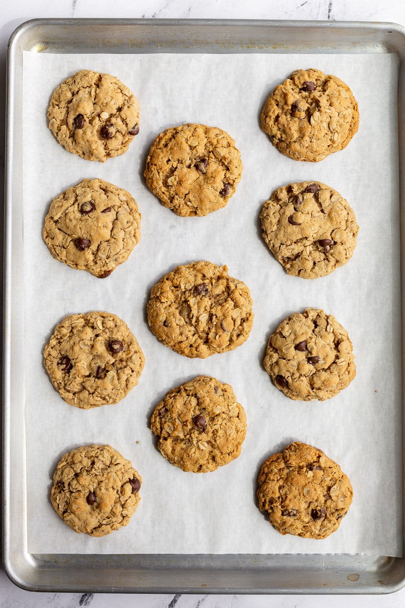 vegan oatmeal cookies lined up on a baking tray