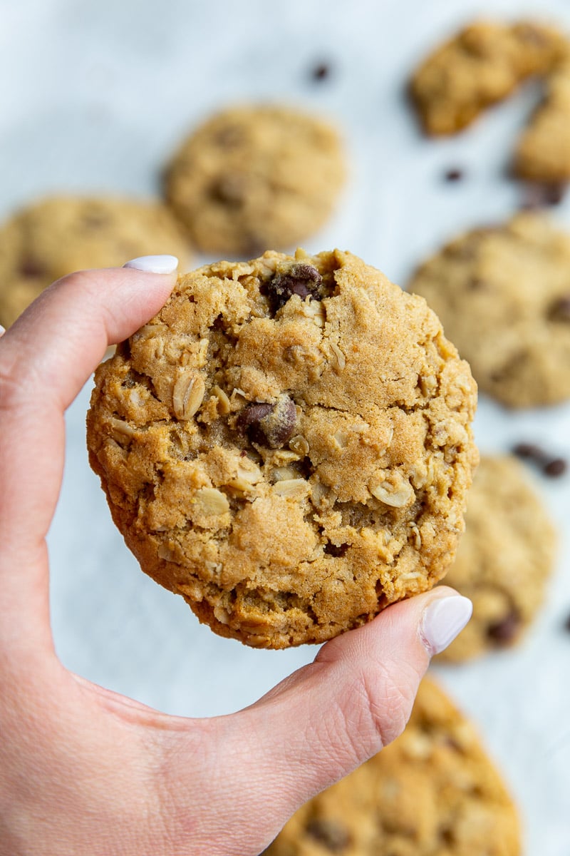 hand holding up an oatmeal cookie