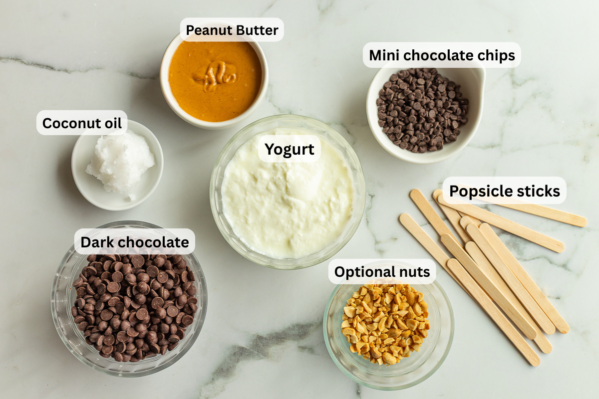 labeled ingredients needed to make frozen yogurt bars including popsicle sticks, chocolate chips, coconut oil, peanut butter, yogurt, and optional peanuts