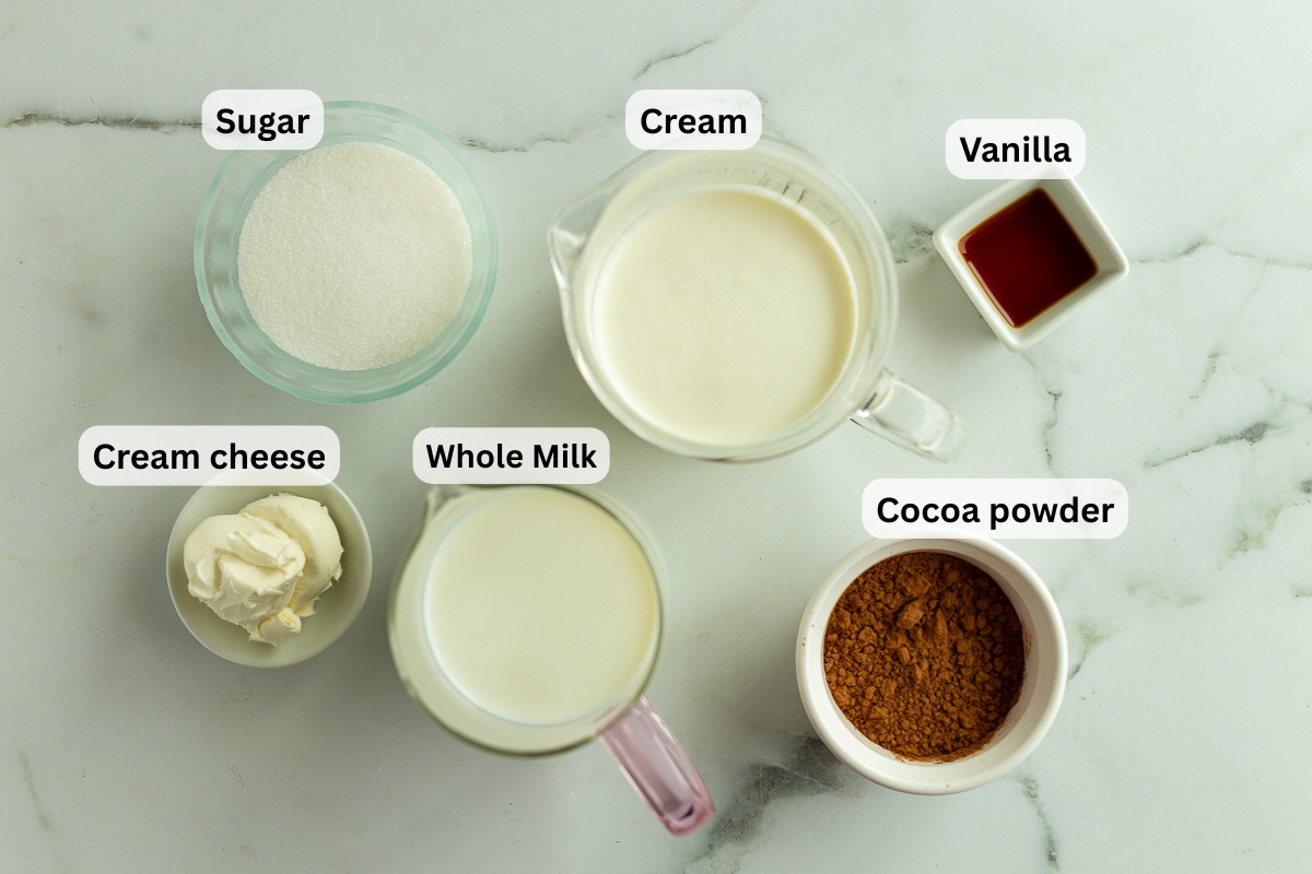 labeled ingredients needed to make chocolate ninja creami ice cream including cream, whole milk, cream cheese, vanilla, sugar, and cocoa powder