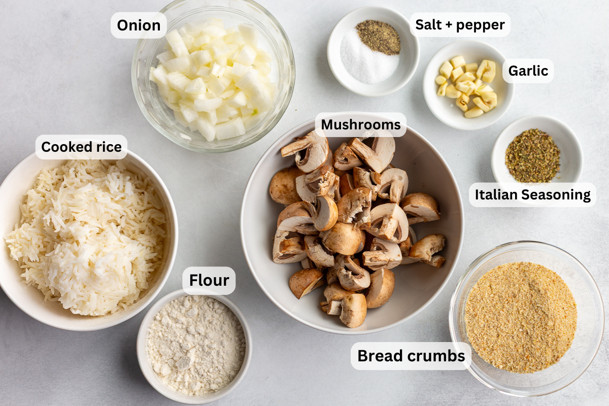 ingredients needed to make vegan meatballs including onion, flour, breadcrumbs, rice, mushrooms etc