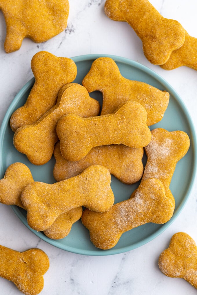 Pumpkin dog biscuits shaped like dog bones on a plate.