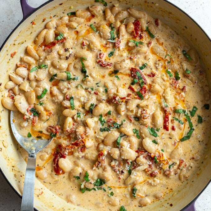 high protein marry me butter beans in a LARGE SKILLET