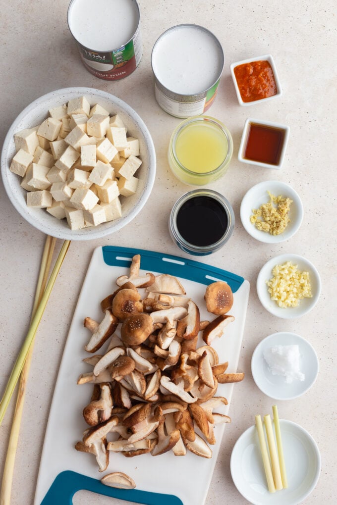 ingredients laid out that are needed to make tofu soup