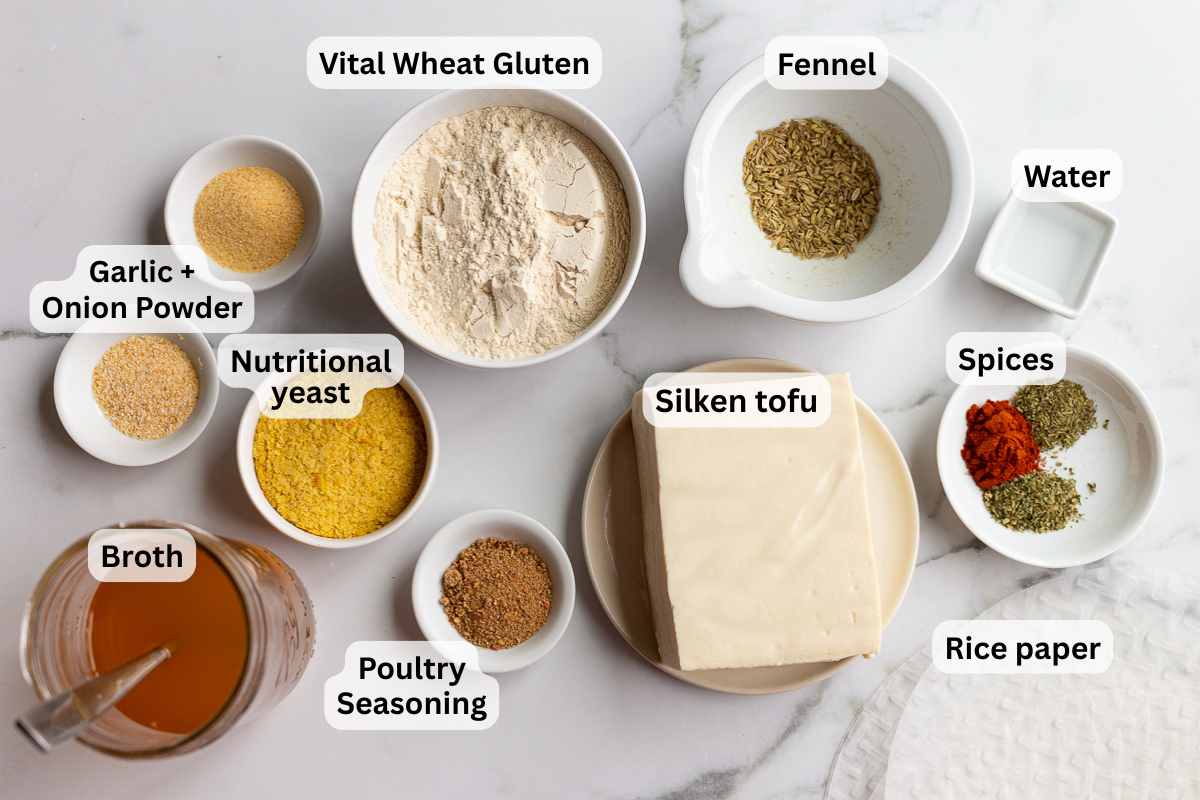 labeled ingredients needed to make a vegan turkey including vital wheat gluten, silken tofu, spices, water, fennel, broth, nutritional yeast etc