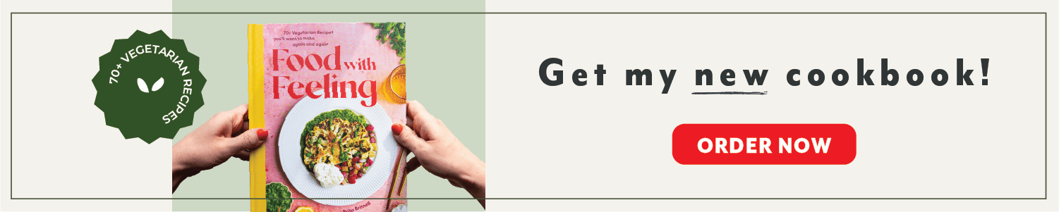 Banner with a hand holding the "food with feeling cookbook" with a link to buy the book