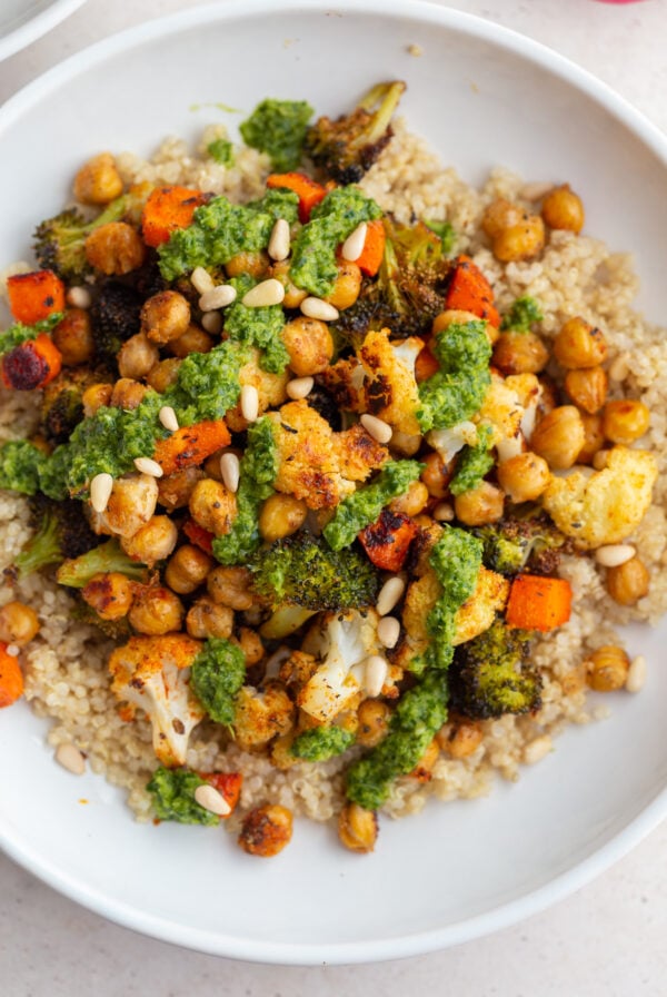 roasted veggies covered in chimichurri sauce