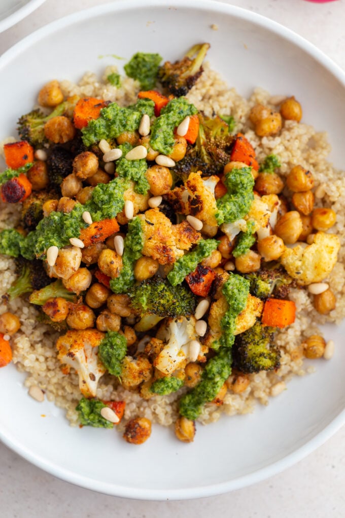 roasted veggies covered in chimichurri sauce