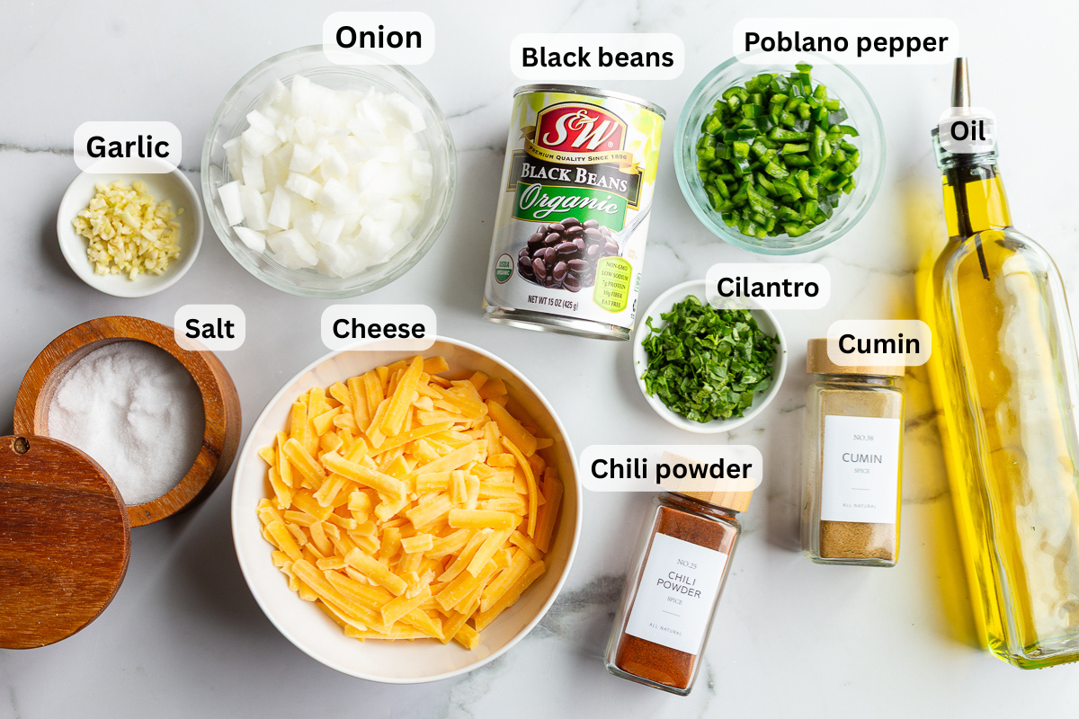 ingredients laid out that are needed for black bean tacos: garlic, onion, salt, cheese, black beans, poblano pepper diced, diced cilantro, cumin, chili powder, oil and salt. All are labeled with text