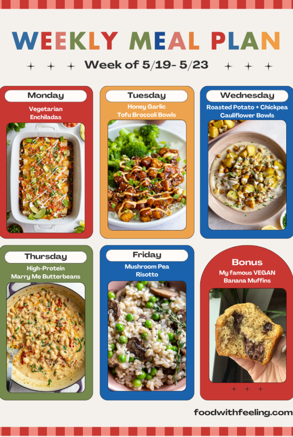 Weekly Meal plan template with 5 vegetarian meals and their photos
