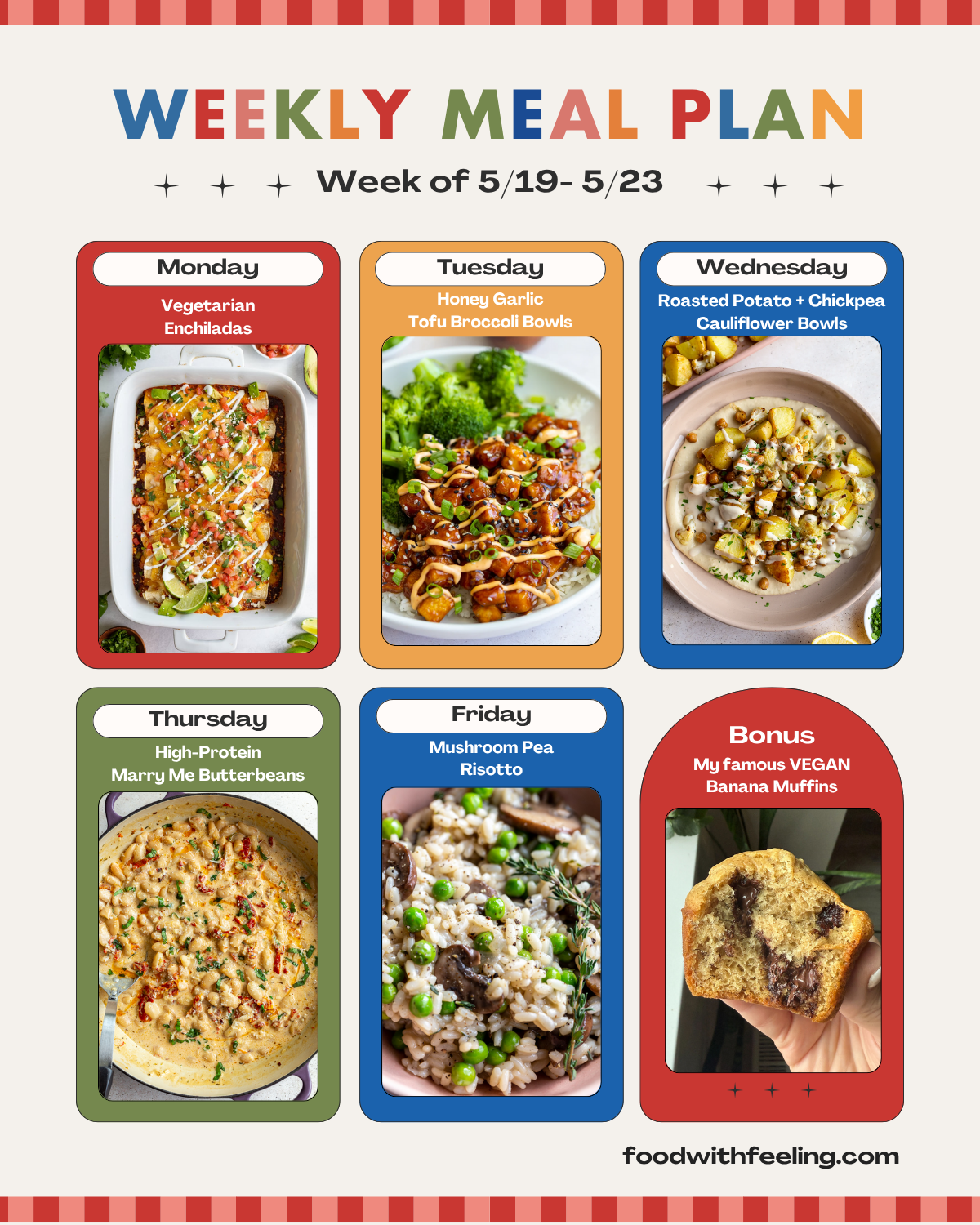 Weekly Meal plan template with 5 vegetarian meals and their photos