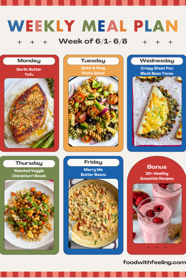 Weekly Meal plan template with 5 vegetarian meals and their photos
