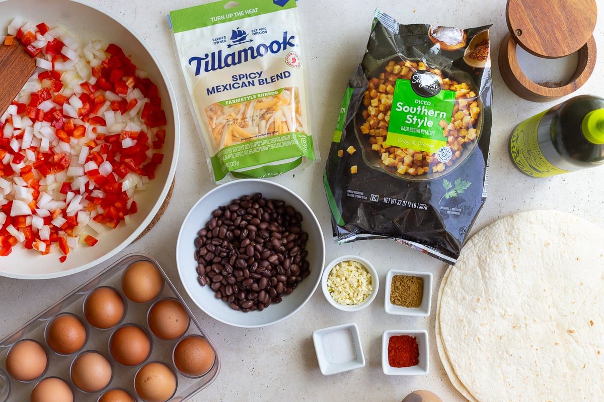 Ingredients used to make high protein egg and veggie breakfast burritos