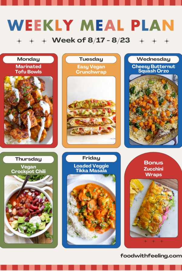 weekly meal plan templates showing 6 different vegetarian recipes to cook
