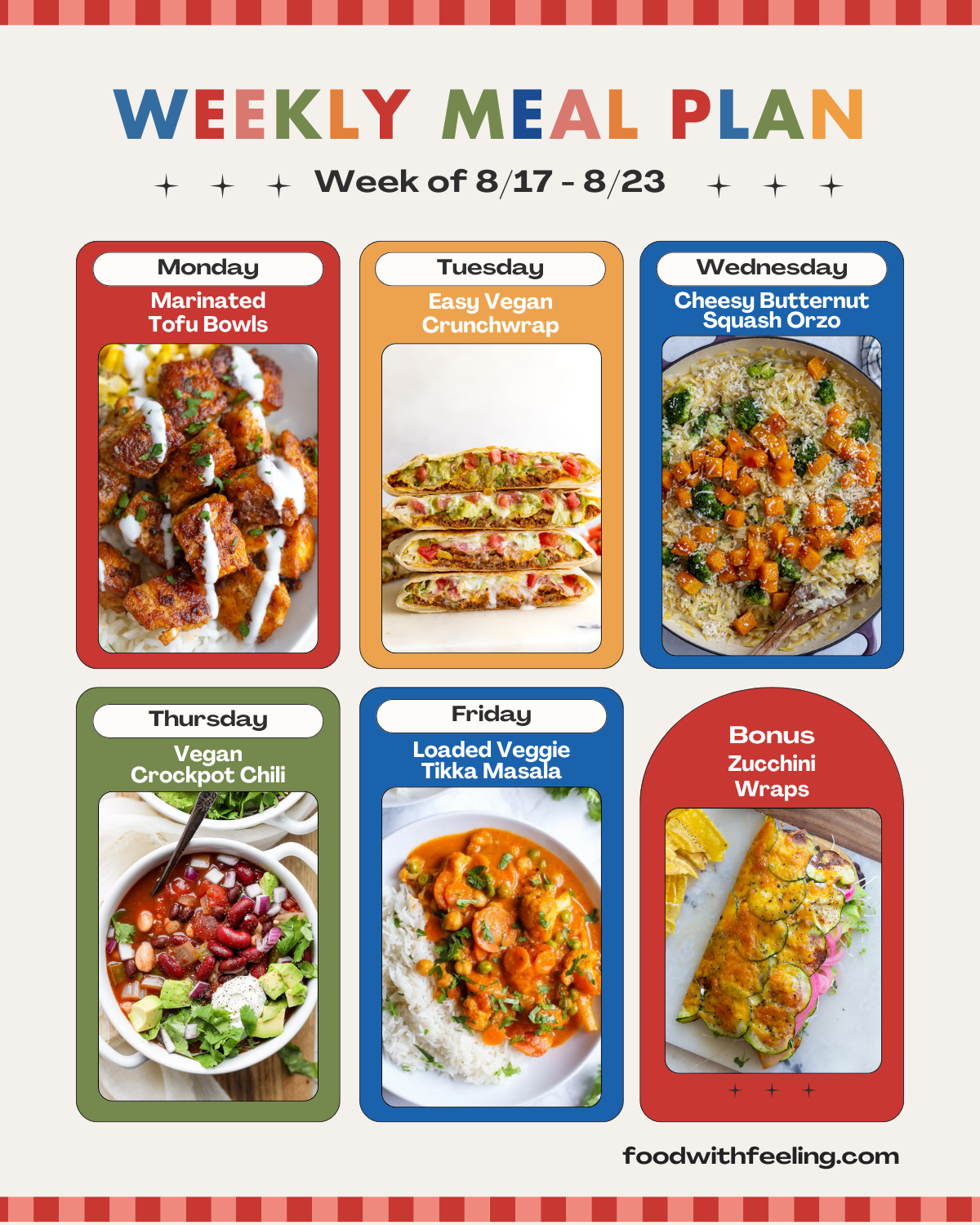 weekly meal plan templates showing 6 different vegetarian recipes to cook
