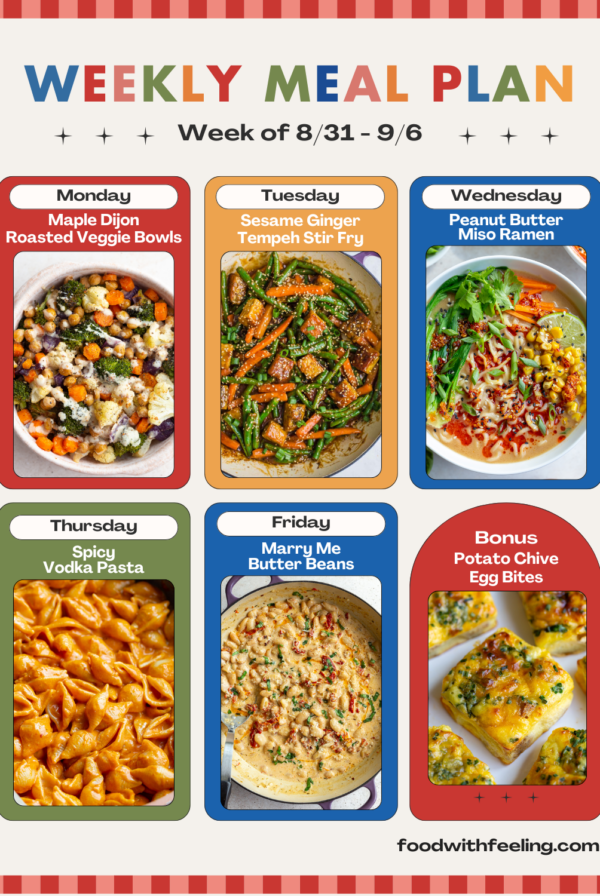 weekly meal plan templates showing 6 different vegetarian recipes to cook