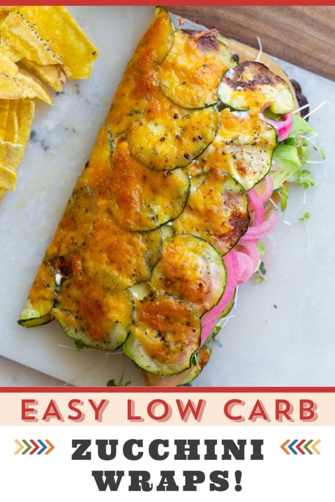 cheesy zucchini wrap stuffed with vegan meat, red onion, avocado and tomato. The wrap is on a plate with chips Words at the bottom read "easy low carb zucchini wraps"