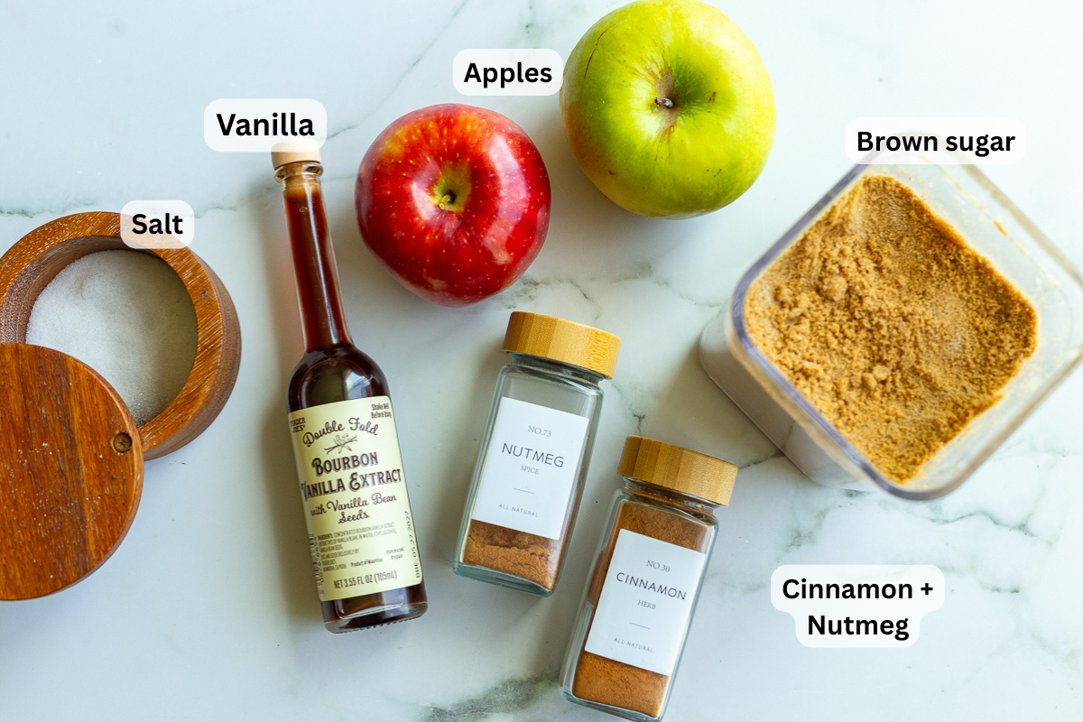 ingredients needed for crockpot apple butter: apples, vanilla, brown sugar salt, cinnamon, and nutmeg